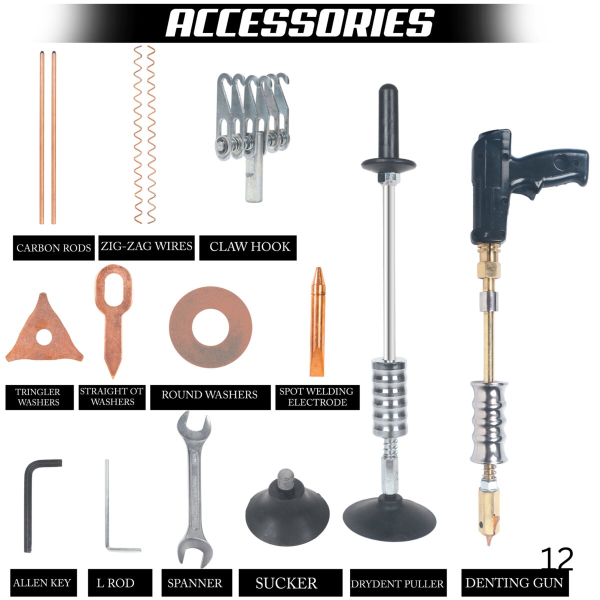 Dent puller machine accessories kit - carbon rods zig-zag wires claw hook washers denting gun