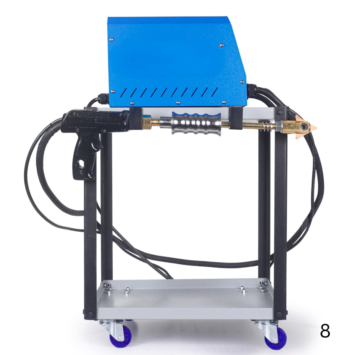 Car denting machine D925/A side view on trolley stand with denting gun mounted