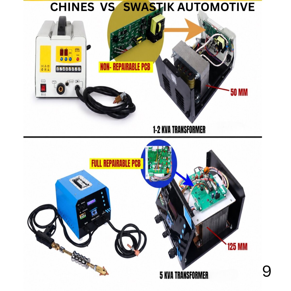 Chinese dent puller vs Swastik Automotive D925/A - 5 KVA transformer and repairable PCB comparison